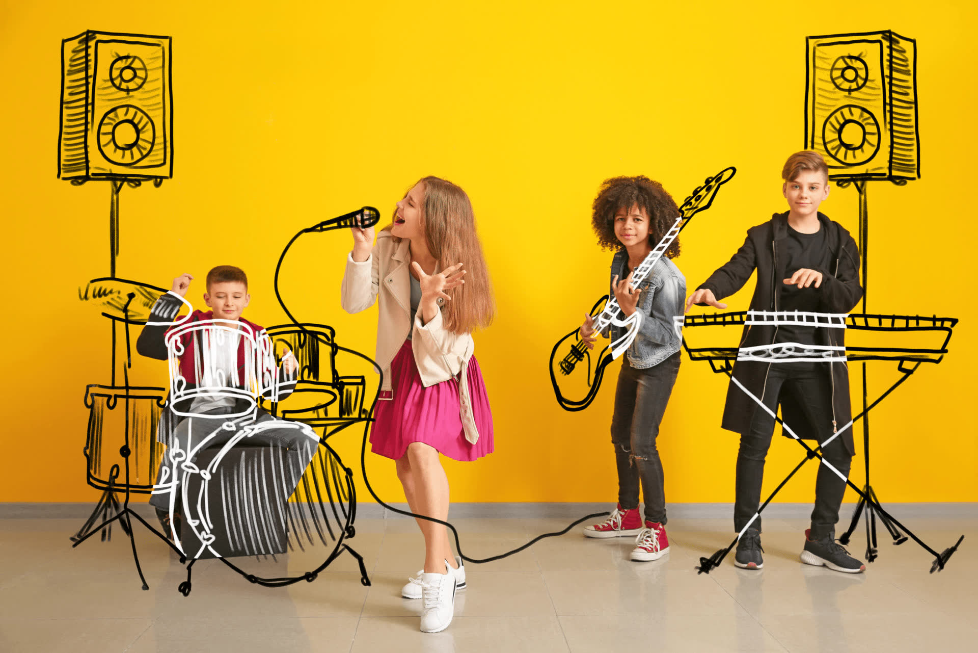 Students at Dolce Music Studio imagining a band